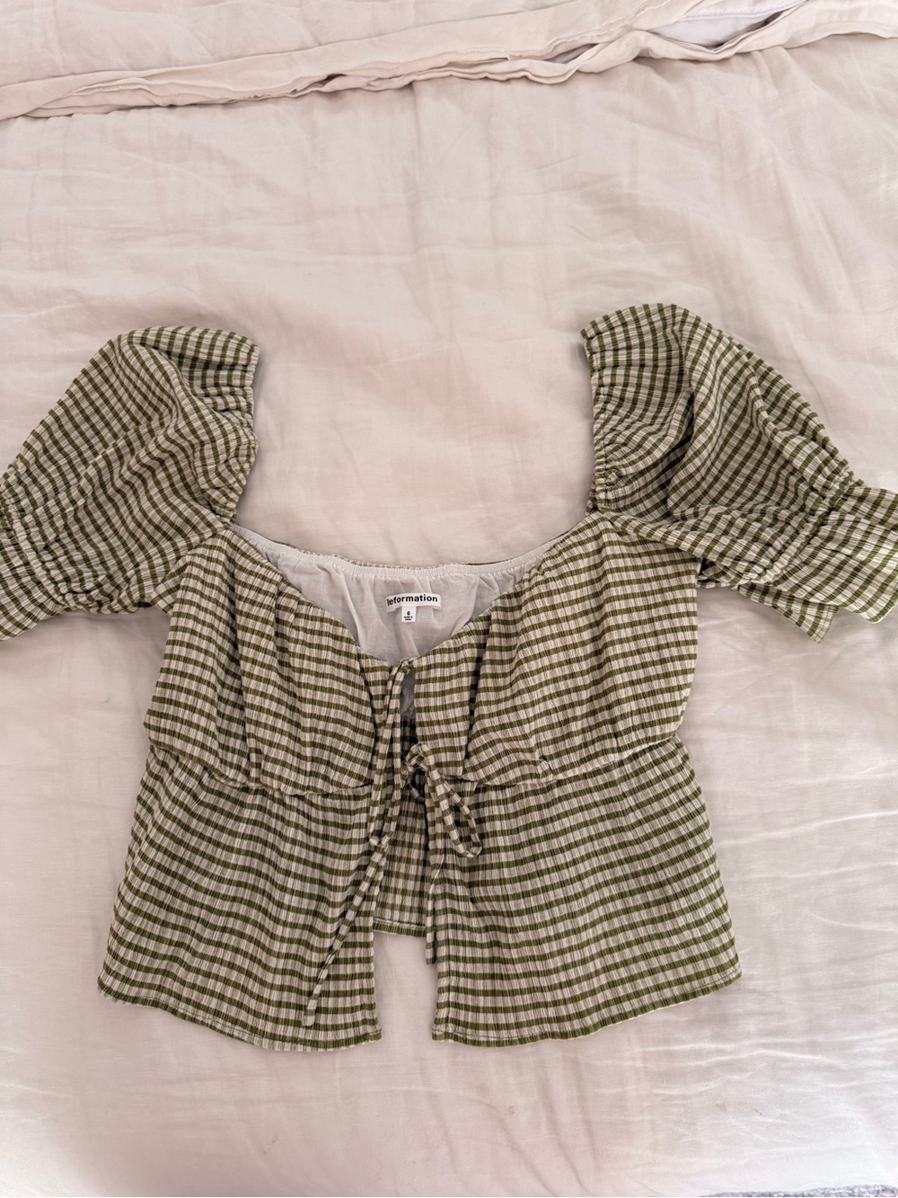 Reformation Olive Green Gingham Tie-Front Puff Sleeve Crop Top - Picture 4 of 6